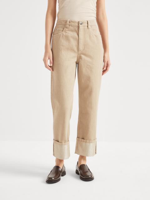 Dyed sparkling denim cropped trousers with monili