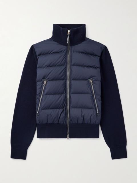 Leather-Trimmed Quilted Shell and Wool Down Jacket Navy
