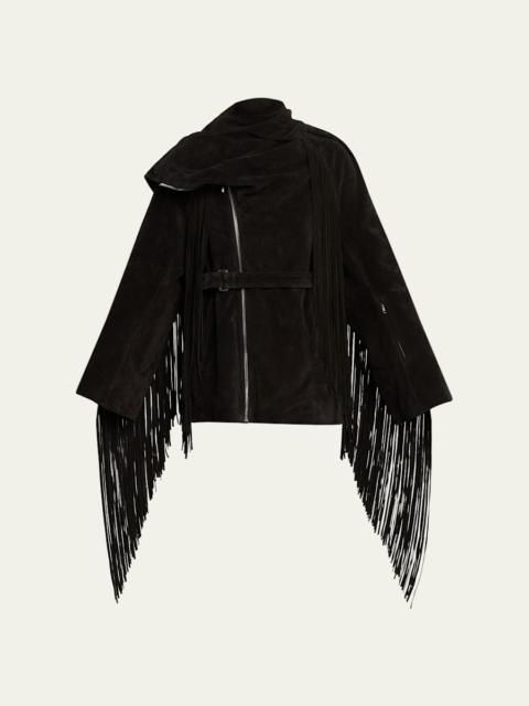 Scarf-Neck Fringe Suede Moto Jaket