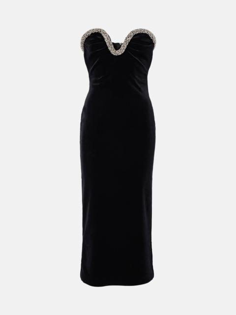 Embellished strapless velvet midi dress