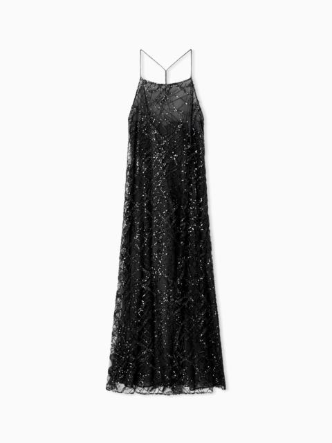 LONG TULLE DRESS WITH ALL-OVER MICRO-SEQUIN AND JET EMBROIDERY