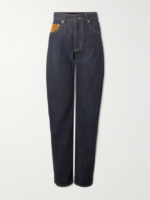 Intrecciato suede-trimmed high-rise straight-leg jeans Blue