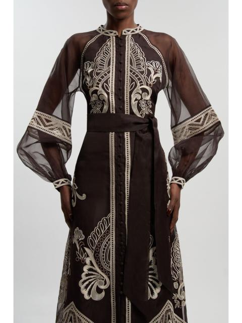 Embroidered Organdie Balloon Sleeve Woven Maxi Dress