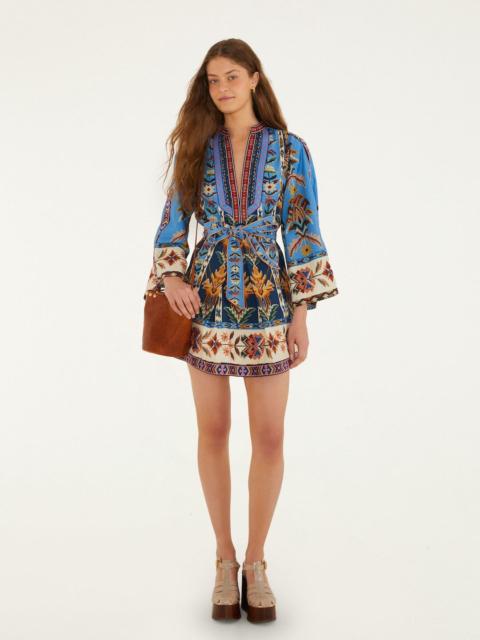 Blue Embroidered Tapestry Organic Cotton Mini Dress