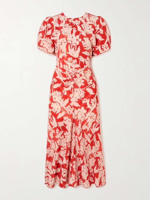 Gathered floral-print crepe midi dress Red