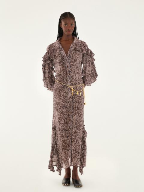Pink Baby Leopard Long Sleeve Angled Frill Maxi Dress