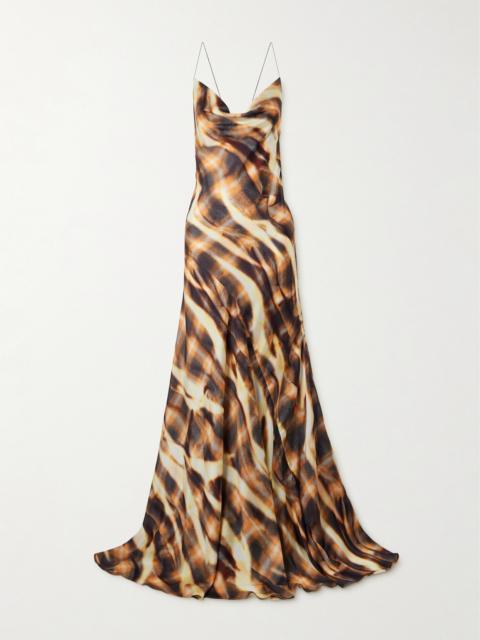 Asymmetric Draped Printed Satin Maxi Dress