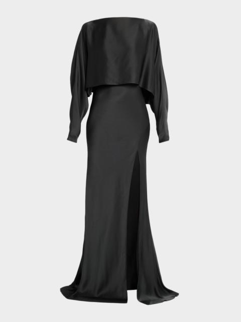 Dolman-Sleeve Satin Cape Gown
