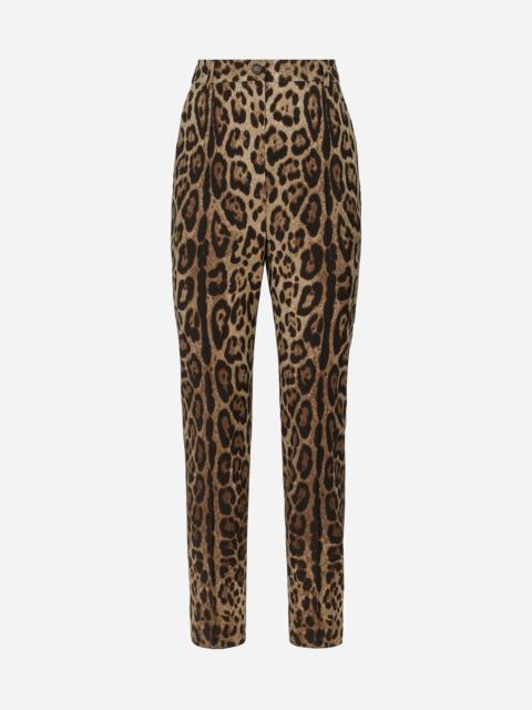 High-waisted pants in leopard-print wool