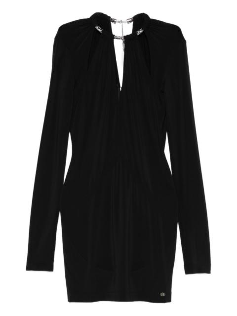 embellished-neck long-sleeve mini dress