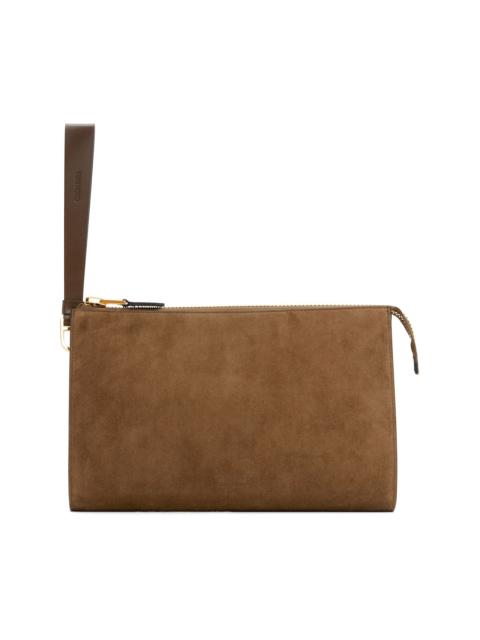 Brown Suede Calf Leather Mini Flat Pouch
