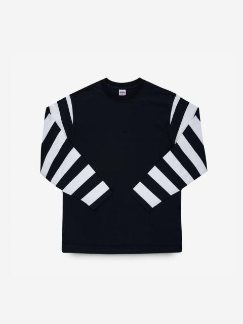7.5OZ COTTON LONG-SLEEVED CREW NECK BORDER TEE - BLACK BODY WITH STRIPED ARMS