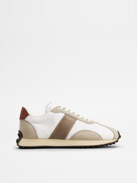 SNEAKERS IN LEATHER AND TECHNICAL FABRIC - BEIGE, WHITE, BROWN