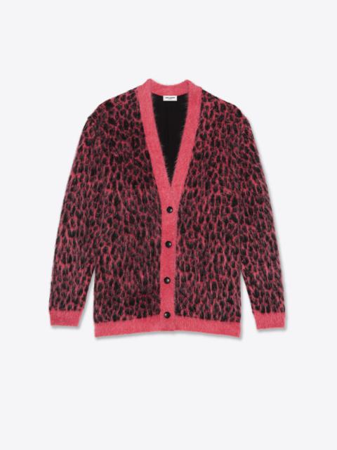 oversized knitted cardigan in brushed wool and mohair leopard-print jacquard