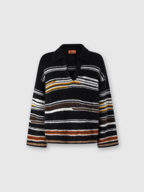 Oversized Long Sleeve Polo with Striped Inlay