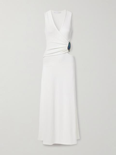 Moodstone Embellished Wrap-effect Cutout Ribbed Stretch-jersey Maxi Dress