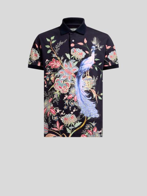 COTTON POLO SHIRT WITH FLOWERS AND PEACOCK