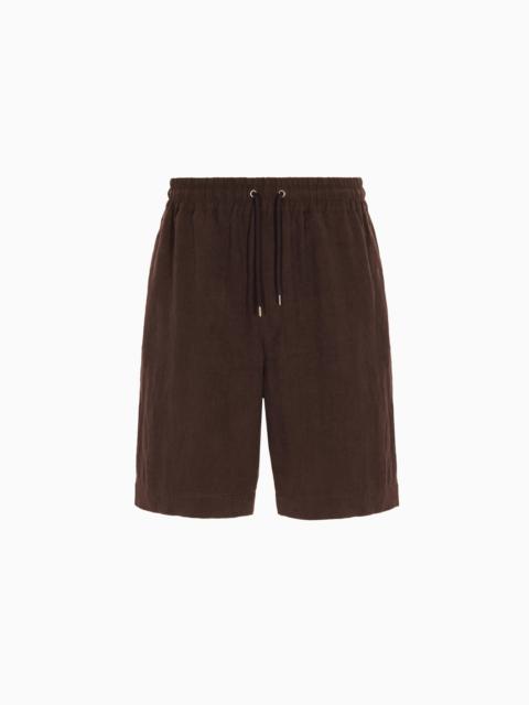Pure linen canvas flat-front Bermuda shorts