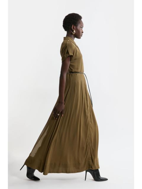 Pleated Woven Viscose Maxi Shirt Dress