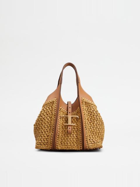 T TIMELESS SHOPPING BAG IN RAFFIA AND LEATHER MINI - BEIGE, BROWN