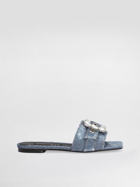 Patchwork denim slides with rhinestone buckle