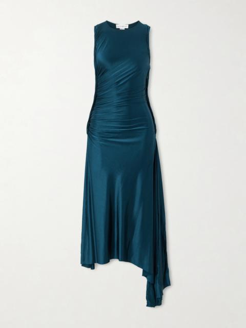 Asymmetric Gathered Satin-jersey Midi Dress