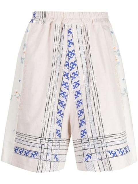 embroidered linen drop-crotch shorts