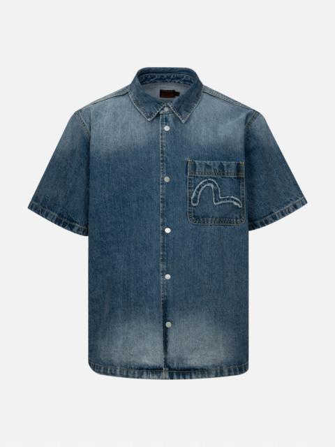 SEAGULL AND LOGO APPLIQUÉ EMBROIDERY BOXY DENIM SHORT-SLEEVES SHIRT