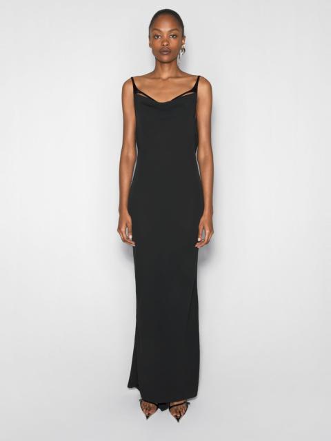 black leather harness backless crepe gown