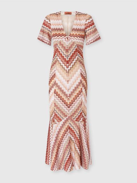 Long flared dress with lamé serrated zig zag pattern