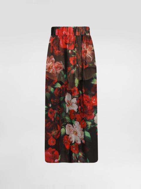 Rose-print chiffon calf-length skirt