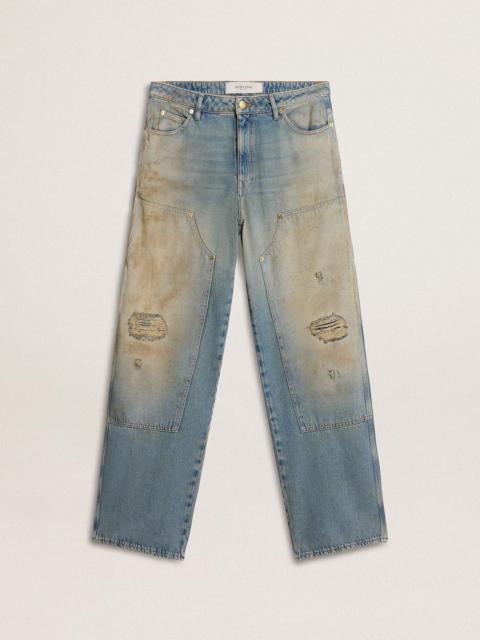 Men's distressed sand-washed jeans