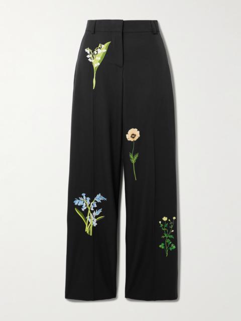 Embroidered Wool-twill Wide-leg Pants