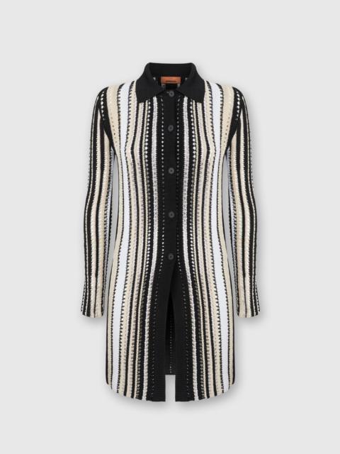 Long striped crochet cardigan with shirt collar