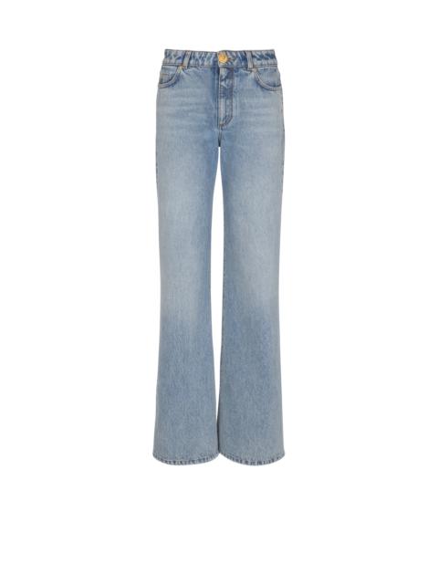 Straight-leg faded denim jeans