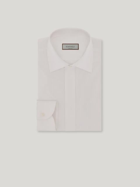 WHITE FORMAL COTTON SLIM-FIT SHIRT WITH JACQUARD PLASTRON