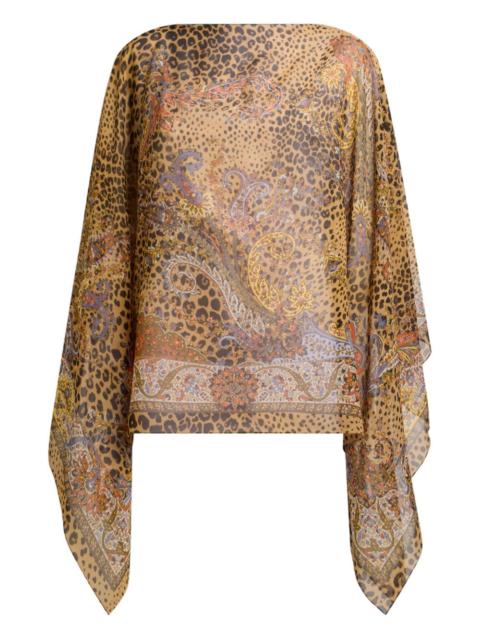 paisley-motif animal-print silk poncho
