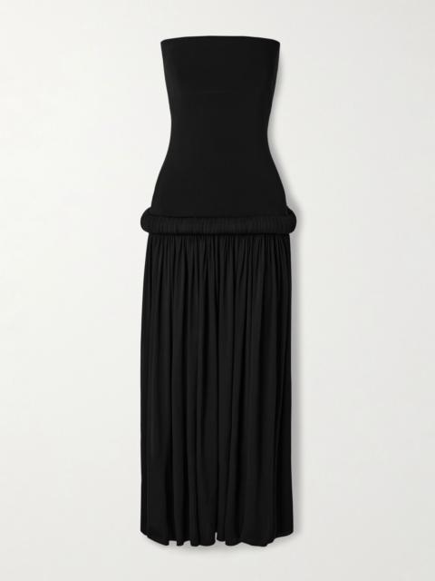 Strapless pleated stretch-jersey midi dress Black