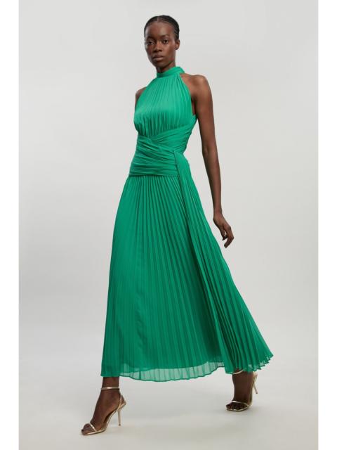 Petite Pleated Twist Front Woven Halter Midi Dress