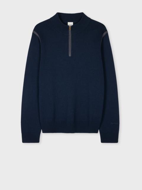 Navy Merino Contrast-Seam Half-Zip Sweater