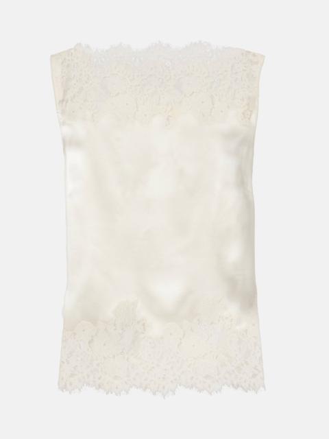 Viviane cutout lace-trimmed silk top