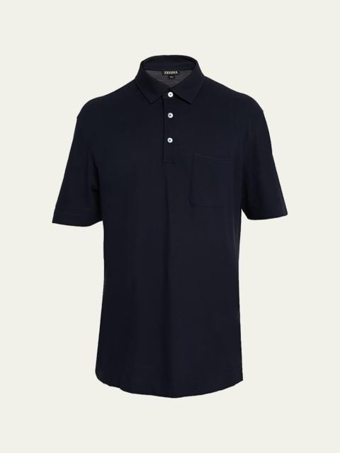 Men's Cotton Polo Shirt with Leather-Trim Pocket