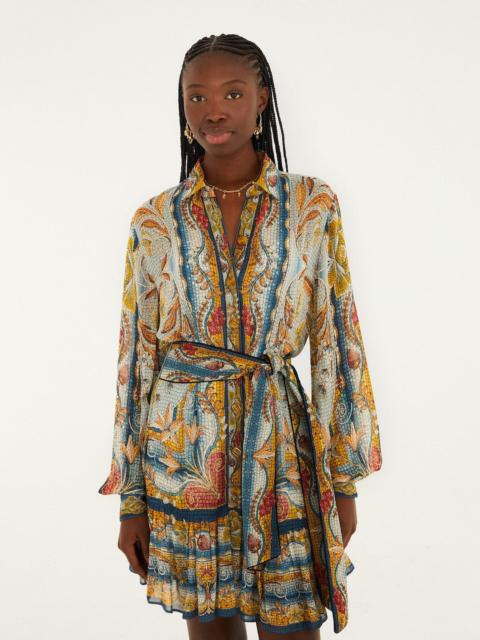 Blue Mosaic Garden Belted Mini Dress