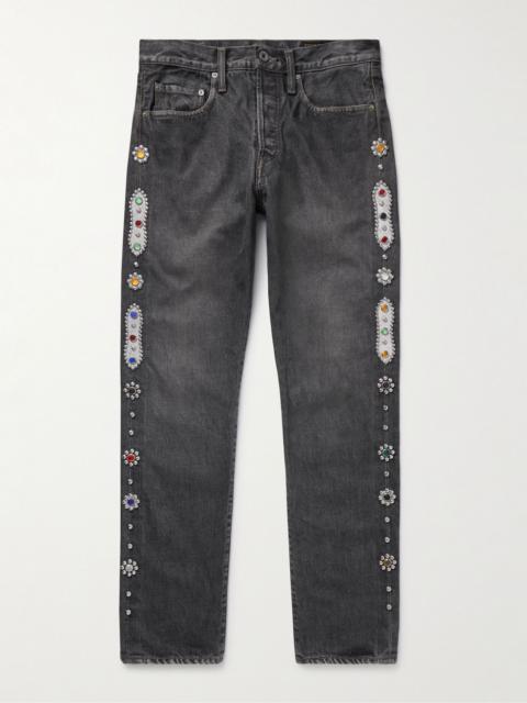 Monkey CISCO Straight-Leg Embellished Leather-Trimmed Jeans Gray