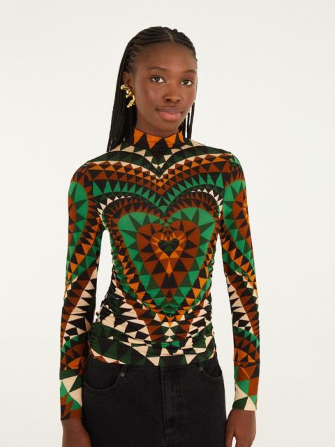 Green Heart Deco Ruched Waist Jersey Blouse