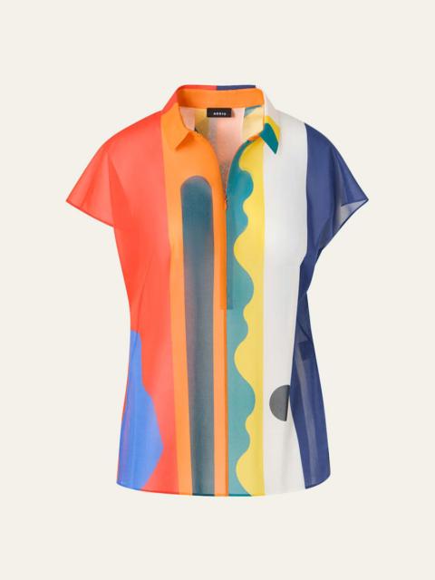 Abstract-Print Cap-Sleeve Zipper Shirt