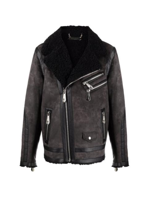 shearling-trim suede biker jacket