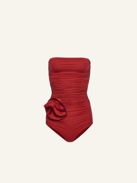 Flower appliqué strapless draped swimsuit in red