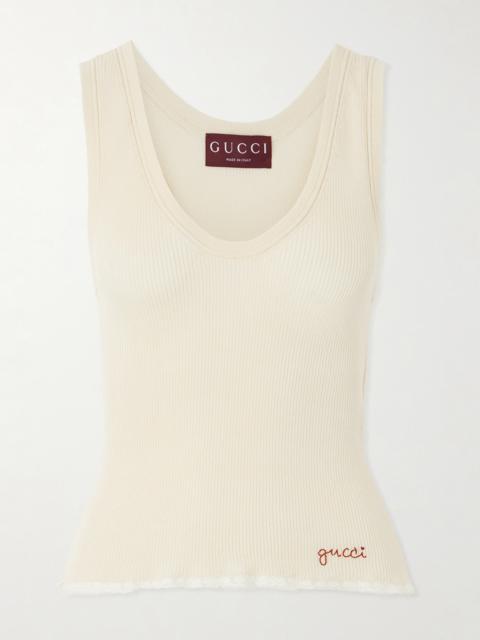 Embroidered Lace-trimmed Ribbed-knit Cotton Tank Top