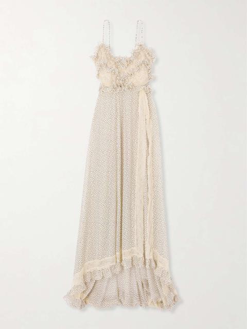 Lace-trimmed ruffled polka-dot silk-georgette gown Beige